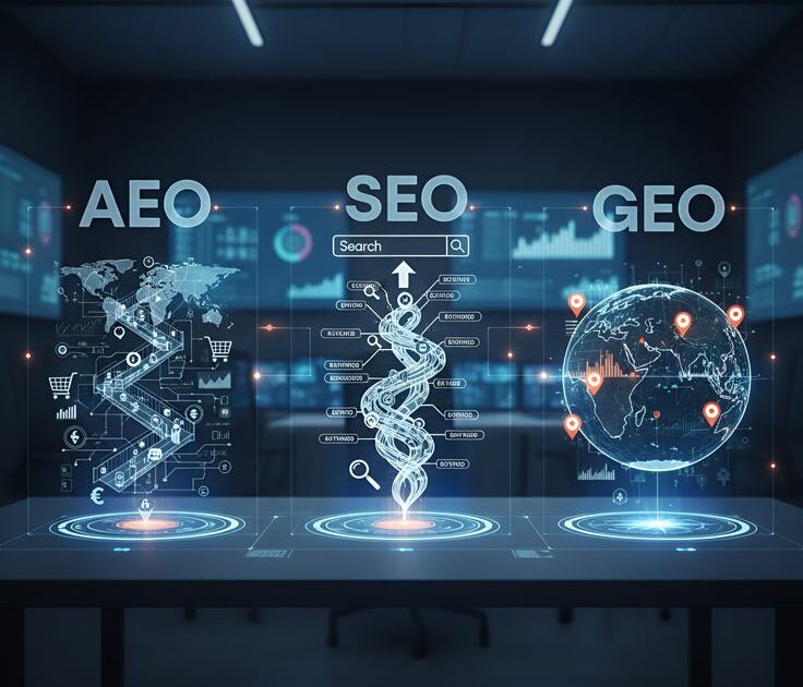 Stratégies de marketing digital SEO, SEA, GEO, GSO et AEO pour la visibilité en ligne